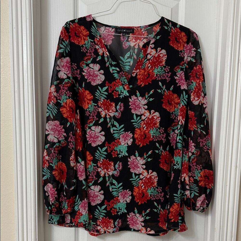 Derek Heart Black Floral Polyester V-Neck Long Sleeve Blouse Size M